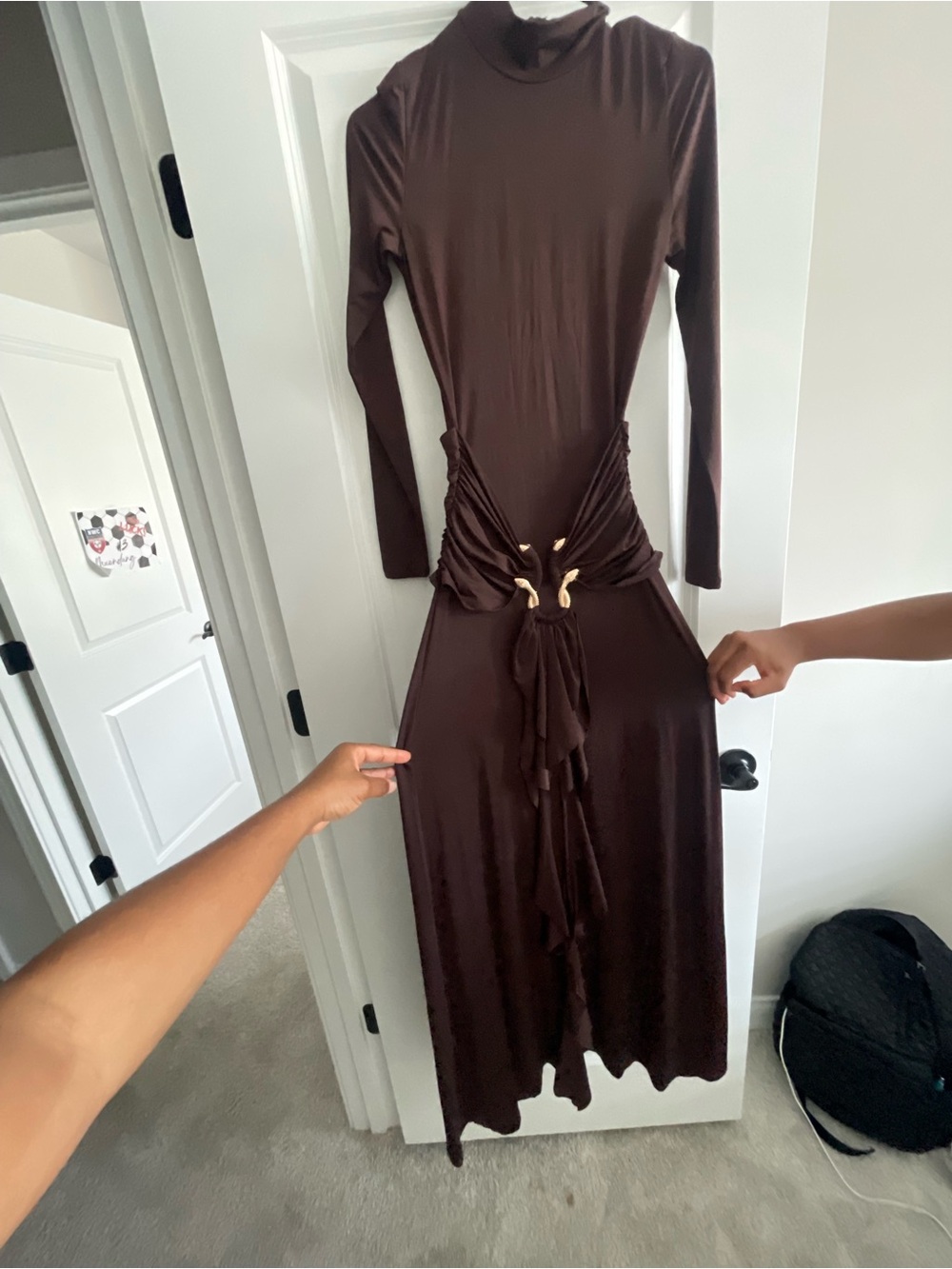 Fashion Nova Brown Long Sleeve Midi Dress with Ruched Tie Accents